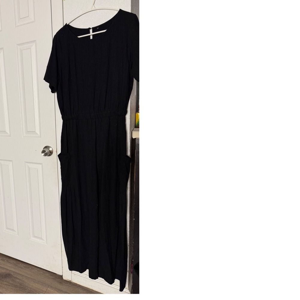 Black Linen Blend Short Sleeve Wide Leg Jumpsuit with Pockets Size M